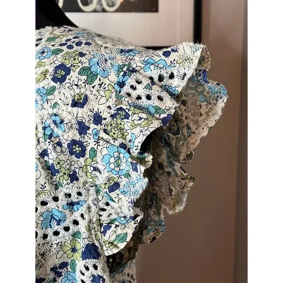 Solitaire Embroidered Eyelet Babydoll Top Peplum Ruffles Blue Green Floral XL - Picture 2 of 10